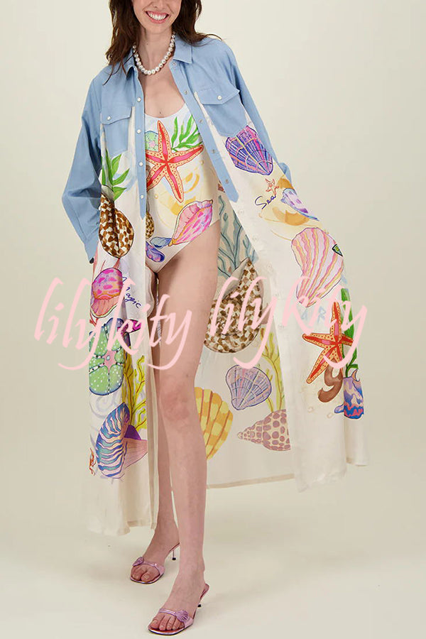 Take A Trip Marine Elements Unique Print Patchwork Pocketed Long Shirt Coat