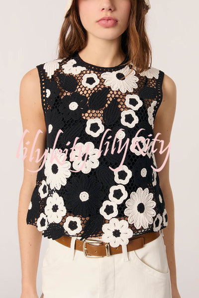 Fashionable Embroidered Hollow Crochet Sleeveless Round Neck Knitted Vest