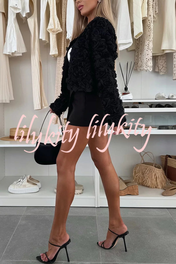 Fashionable Three-dimensional Flower Casual Long-sleeved Cropped Jacket