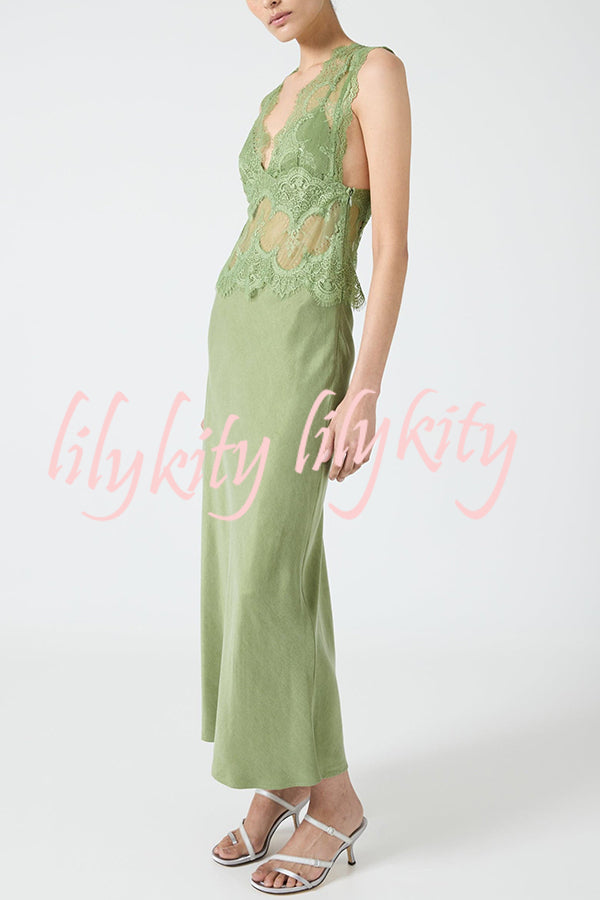 Wonderful Fusion Satin Lace Trim See-through Waist V-neck Drape Maxi Dress