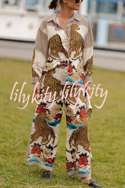 Exotic Leopard Flower Patchwork Print Button Down Oversized Blouse