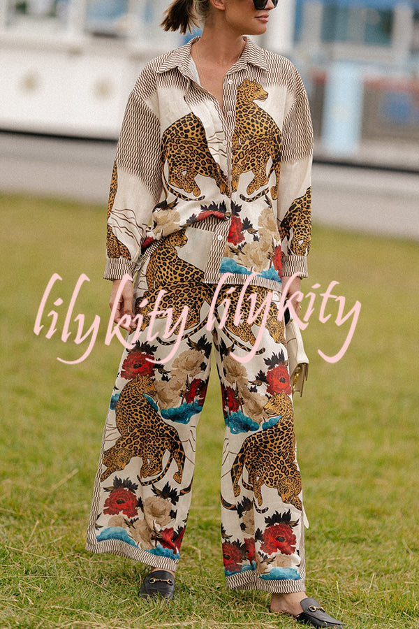 Exotic Leopard Flower Patchwork Print Button Down Oversized Blouse