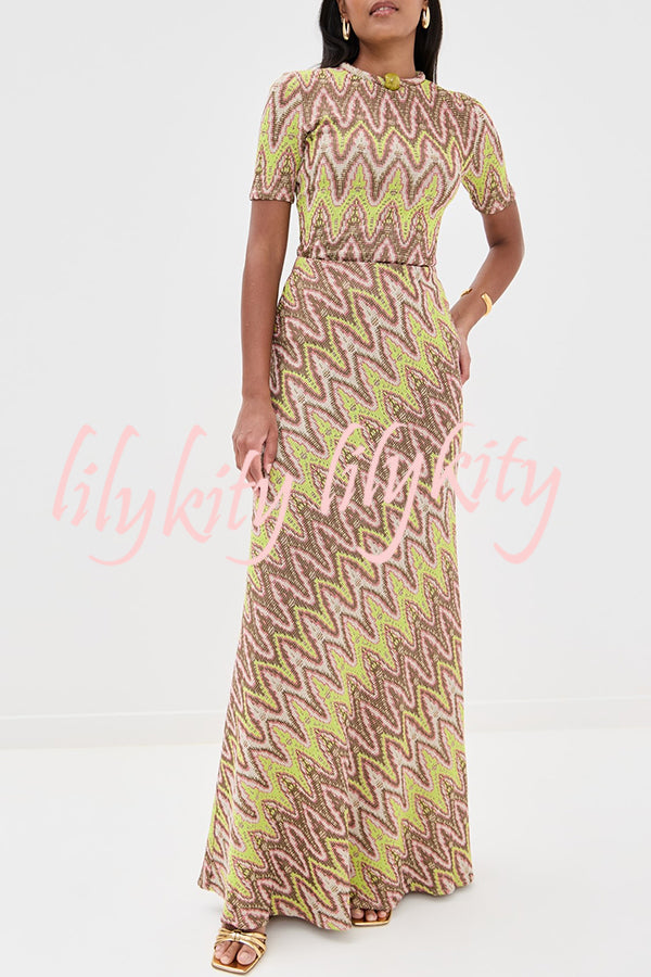 Moonlit Waltz Knit Jacquard Zigzag Print High Rise Stretch Flare Maxi Skirt