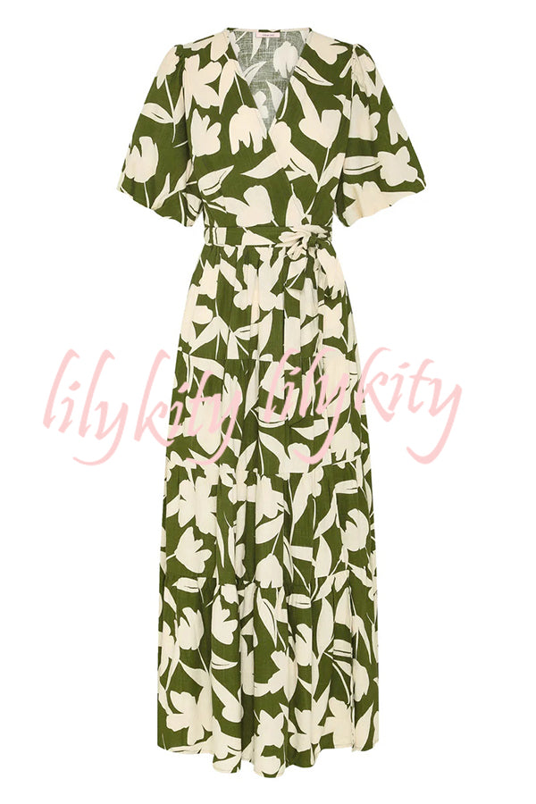 Unique Printed V-neck Puff Sleeves Tie Waist Midi Dress