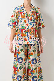 Linen Blend Unique Print Loose Short Sleeve Shirt and Elastic Waist Tie Pocket Pants Set