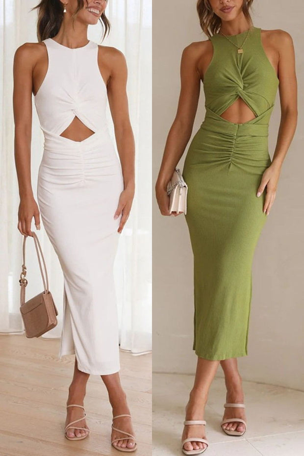 Crushing All Night Ribbed Front Cut Out Ruched Stretch Midi Dress