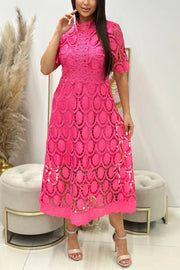 Elegant Crocheted Cutout Lace Short-sleeved Stand-collar Midi Dress