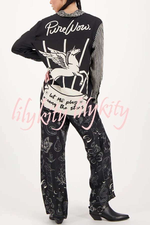 Black Magic Satin Unique Print Long Sleeve Blouse and Elastic Waist Pocket Wide Leg Pants Set