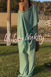 Vacation Knit Shiny Fabric Batwing Sleeve Cape Top and Cover-up Elastic Waist Loose Pants Set