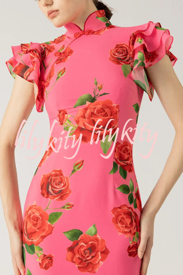 Cheongsam Style Rose Floral Print Tiered Flare Sleeve Stretch Maxi Dress