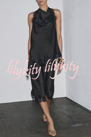 Dolly Satin Lace Trim Halter Cowl Neck Asymmetric Hem Tank