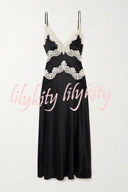 Dreaming of You Contrast Color Satin Lace Trim Back Tie-up Slip Midi Dress