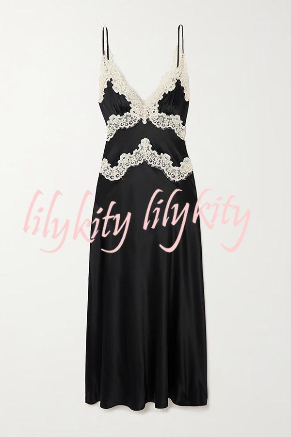 Dreaming of You Contrast Color Satin Lace Trim Back Tie-up Slip Midi Dress