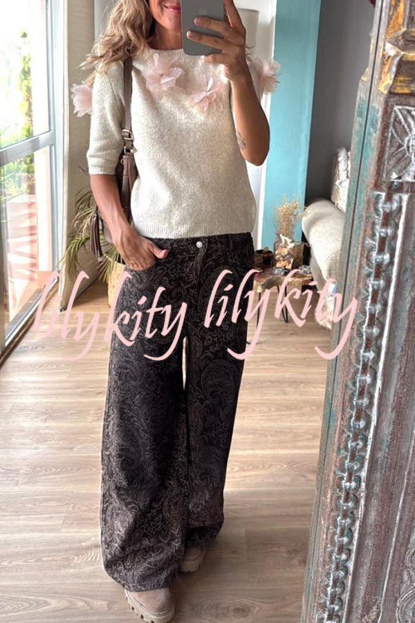 Alboran Knit Organza Flowers Detail Short Sleeve Loose Sweater