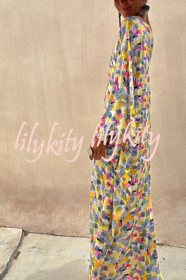 Indio Watercolor Print One Shoulder Drape Sleeve Maxi Dress