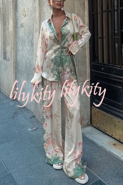 Antibes Satin Court Unique Printed Long Sleeve Loose Shirt and Elastic Waist Pants Set