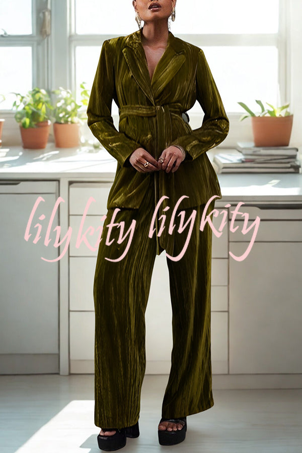 Solid Color Velvet Long-sleeved Waist Tie Top and Elastic Waist Casual Pocket Straight-leg Pants Set