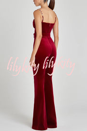 Eliza Luxurious Velvet Fabric Jewel-embellished Shoulder Straps Belted Flare Jumpsuit