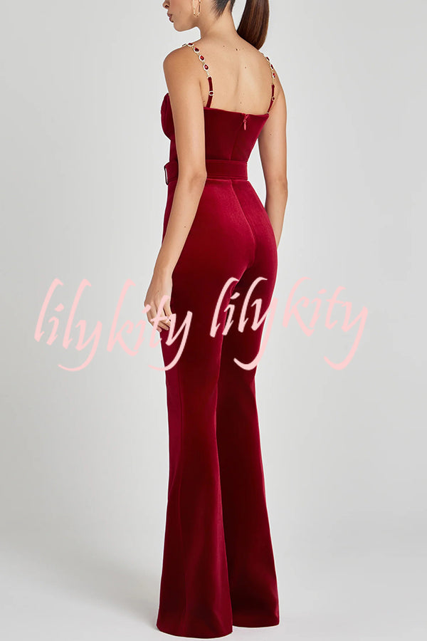 Eliza Luxurious Velvet Fabric Jewel-embellished Shoulder Straps Belted Flare Jumpsuit