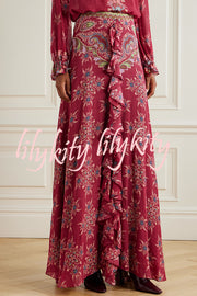 Unique Printed Chiffon Long-sleeved Loose Shirt and Elegant Ruffled Maxi Skirt Set