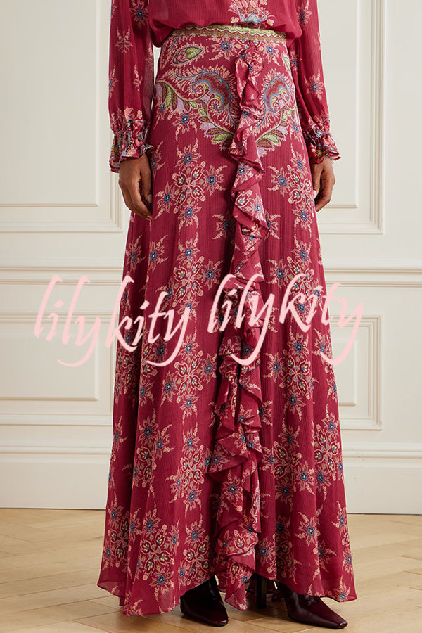Unique Printed Chiffon Long-sleeved Loose Shirt and Elegant Ruffled Maxi Skirt Set