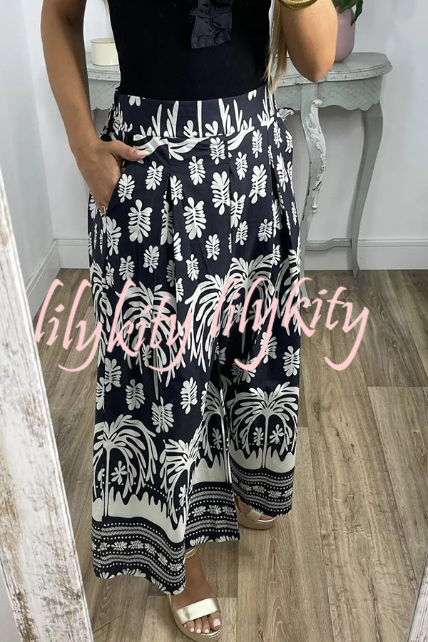 Unique Print Elastic Waist Loose Pocket Holiday Wide Leg Pants