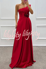 Nasha Satin Pleated One Shoulder Petal Gemstone Detail Pocket Slit Maxi Dress