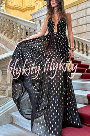 Charming View Chiffon Gold Polka Dot Print Cutout Lightweight Maxi Dress