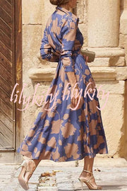 Lapel Floral Print Lace Up Buttoned Pockets Long Sleeve Midi Dress