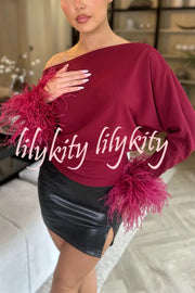 Party Holy Items Off Shoulder Feather Trim Sleeve Loose Blouse