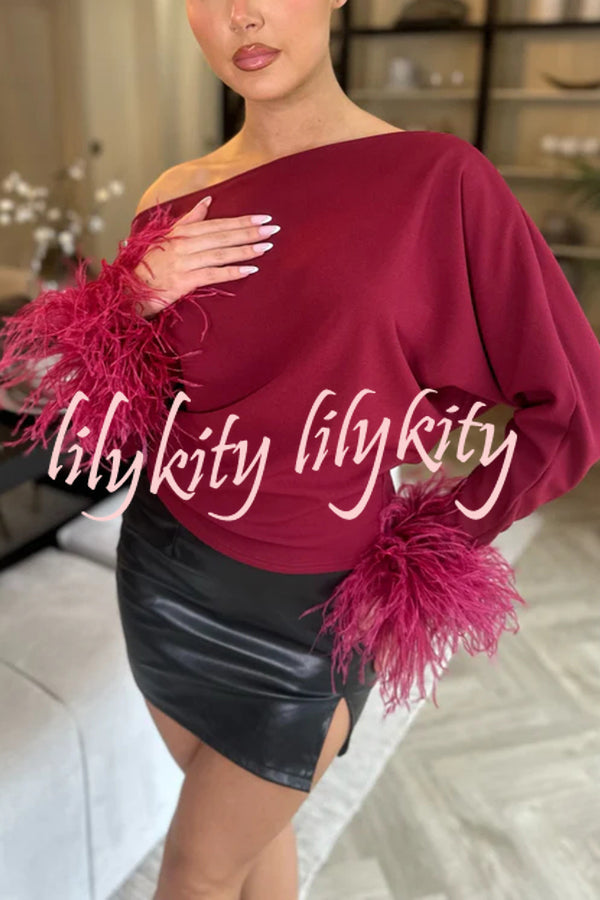 Party Holy Items Off Shoulder Feather Trim Sleeve Loose Blouse