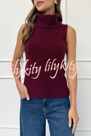 Comfortable Season Ribbed Knit Turtleneck Sleeveless Relaxed Sweater