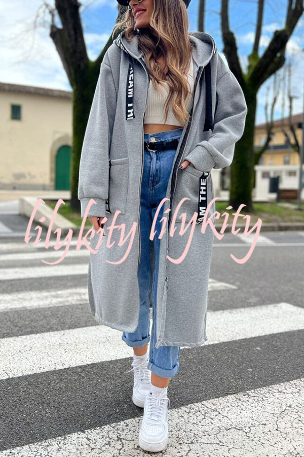 Fashionable and Casual Hooded Zipper Pocket Loose Long Coat