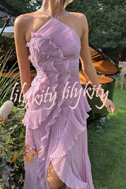 Dream Ode Lily Pad Style Pleats and Ruffles Halter Gown Maxi Dress