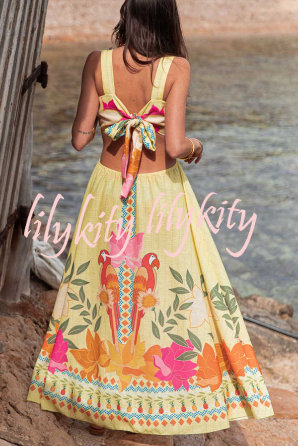 Resort Style Unique Print Sexy Square Neck Backless Waist Maxi Dress