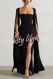 Elegant Goddess Square Neck Twisted Cape Sleeve Slit Maxi Dress