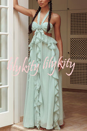Gorgeous Vacation Halter Rose Detail Cut Out Ruffles Backless Maxi Dress