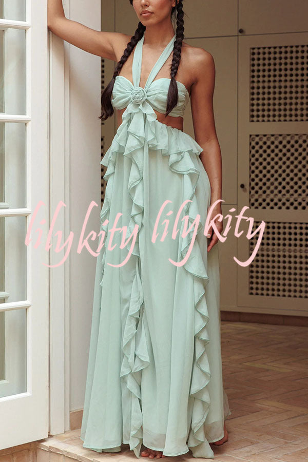 Gorgeous Vacation Halter Rose Detail Cut Out Ruffles Backless Maxi Dress