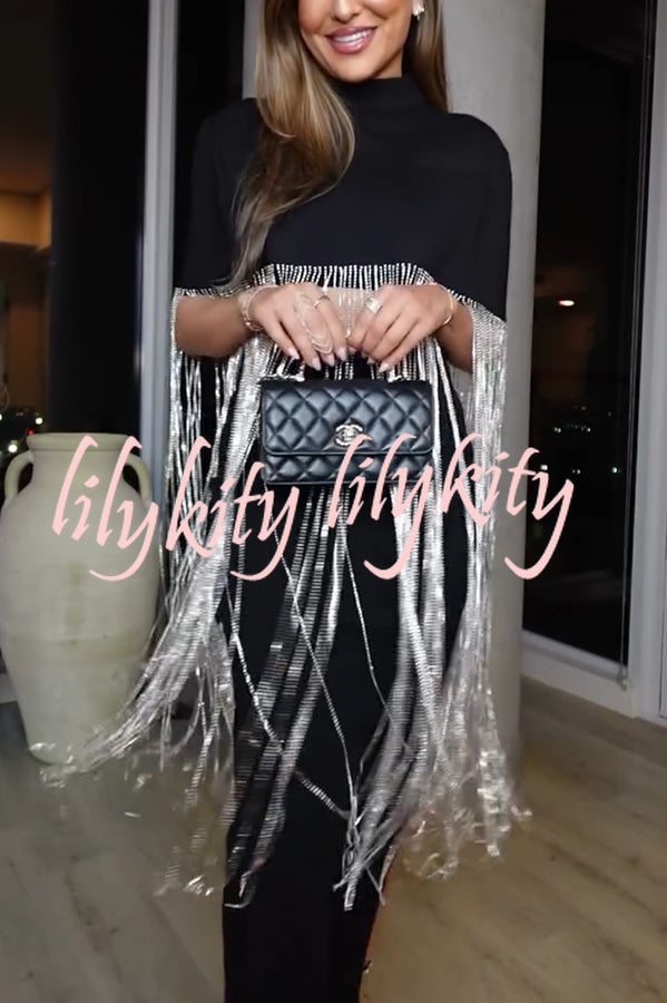 New Level Shiny Tassel Stand Neck Crop Cape Blouse