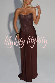 Carina Sequined and Satin Jersey Off Shoulder Ruched Knot Drape Maxi Dress