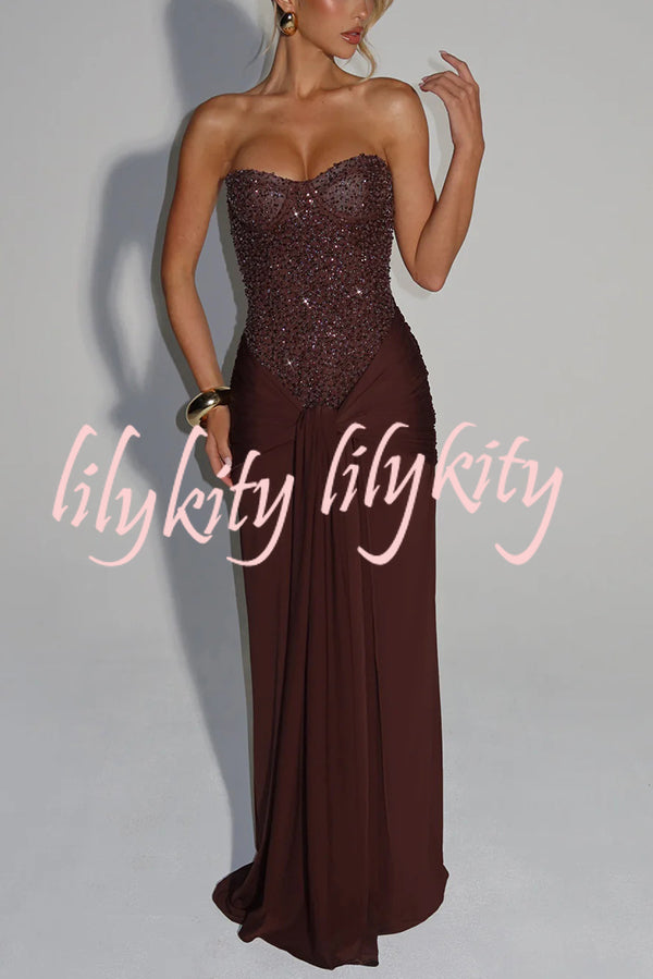 Carina Sequined and Satin Jersey Off Shoulder Ruched Knot Drape Maxi Dress
