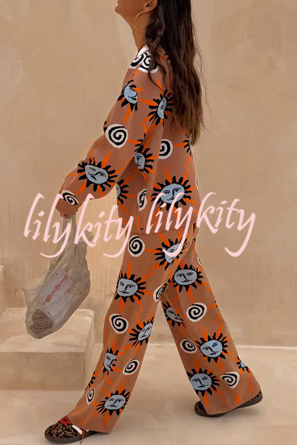 Mediterranean Art Knit Unique Sun Vortex Print Long Sleeve Relaxed Sweater