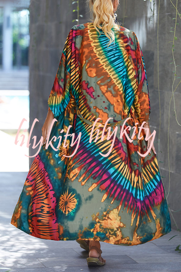 Unique Print Loose Lace Up Holiday Maxi Cover Up