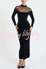 Fashionable Velvet and Mesh Spliced long-sleeved Slim-fit Maxi Dress