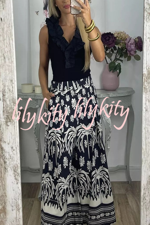 Unique Print Elastic Waist Loose Pocket Holiday Wide Leg Pants