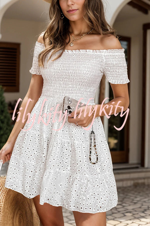 Solid Color Off Shoulder Embroidered Cutout Gathered Mini Dress