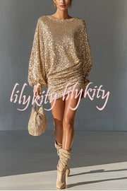 Glow Season Sequin Long Lantern Sleeve Ruched Hip Loose Mini Dress