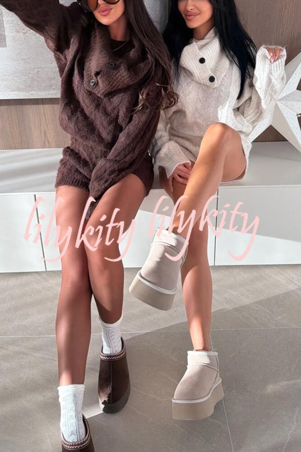 Diviano Cabble Knit Button Scarf Long Sleeve Sweater and Stretch Mini Shorts Set（3 Pieces）