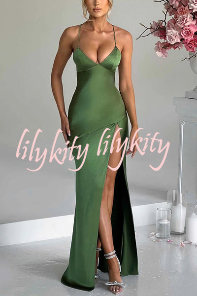 Satin Solid Color Sexy Backless Lace Up High Slit Maxi Dress