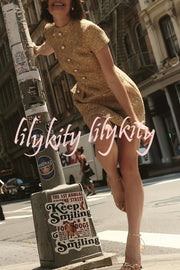 Gold Standard Tweed Fabric Pearl Button Short Sleeve Pocketed Mini Dress